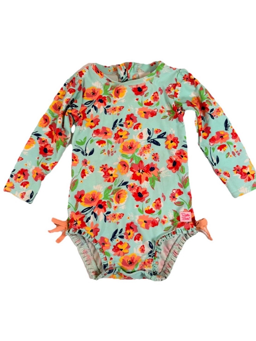 Ruffle Butts Mint Floral Long Sleeve One-Piece with Coral Accents